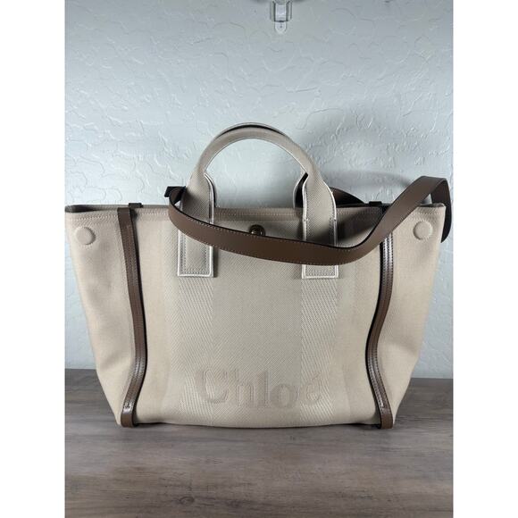 New Season Chloé large Carry Canvas Leather tote bag in Neutral Beige ~NWT~ - Picture 9 of 12
